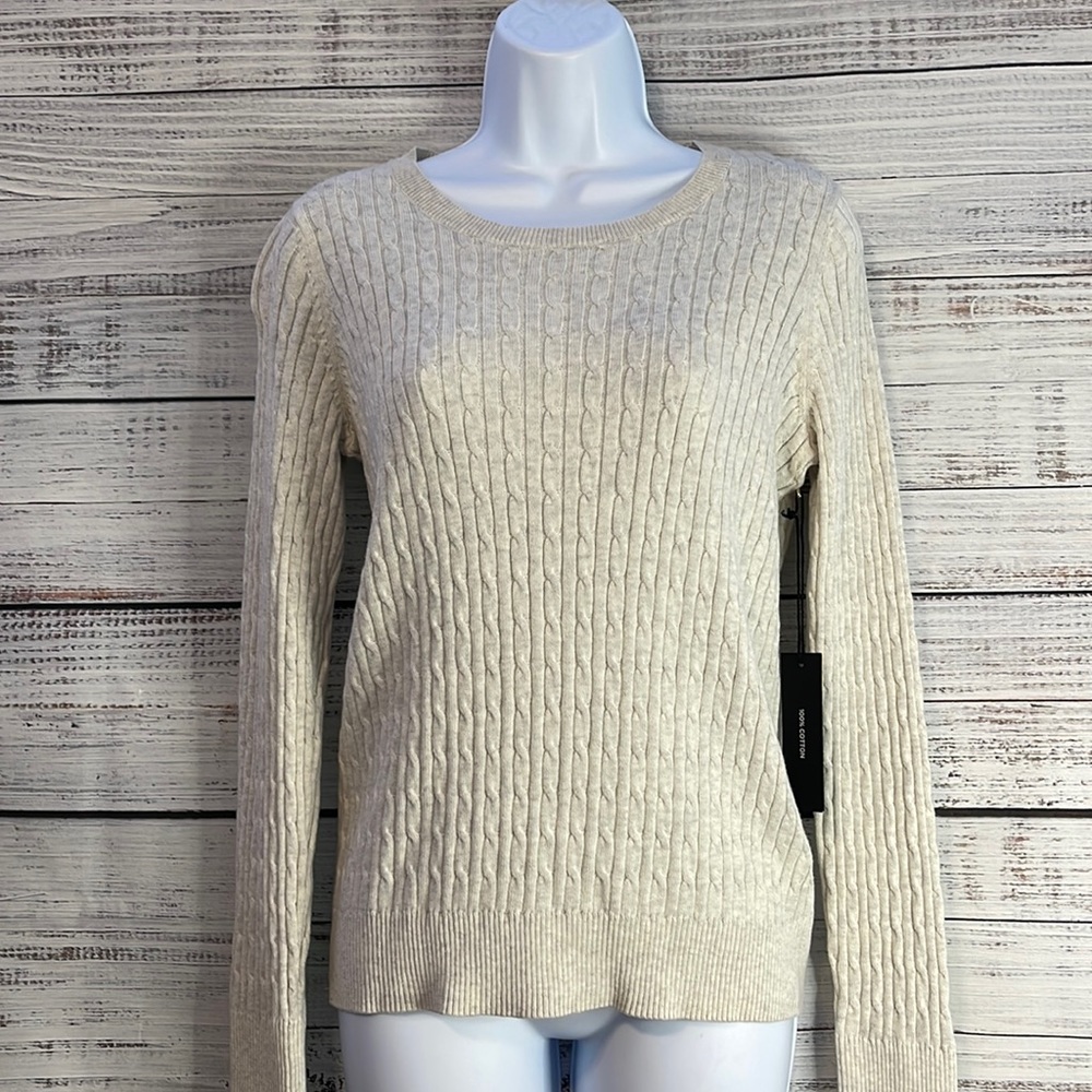 NWT JONES NEW YORK 100% Cotton Beige Cable Knit Crewneck Sweater | Size Medium